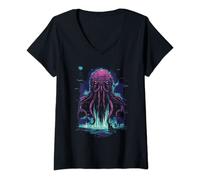 Damen Vintage Cthulhu Skull Monster Horror Tentacles Halloween T-Shirt mit V-Ausschnitt