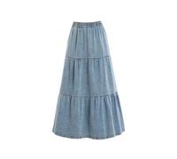 Damen Vintage-Denim-Stufenrock mit elastischer Taille, 2024, Sommer, hohe Taille, A-Linie, Plissierte Schichten, Midi-Jeansrock