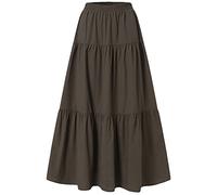 Damen Vintage Elastische Taille A-Linie Langer Midirock Einfarbig Plissiert Großer Saum Basic Ausgestellter Lange Röcke, braun, 44
