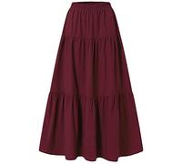Damen Vintage Elastische Taille A-Linie Langer Midirock Einfarbig Plissiert Großer Saum Basic Ausgestellter Lange Röcke, weinrot, 44