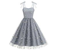 Damen Vintage Elegantes Kleid Sommer Träger Blatt Stickerei Mesh Swing A Linie Cocktailkleider Kleider Eng (Grey, M)
