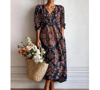Damen Vintage Ethno Print Maxikleid V-Ausschnitt 3/4 Ärmel Lose Strand Freizeitkleid mit Taschen