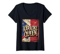 Damen Vintage Filipino Flagge Karaoke Queen Design für Musikliebhaber T-Shirt mit V-Ausschnitt