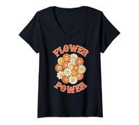 Damen Vintage floral Hippie Groovy 70s Flowers Retro Flower Power T-Shirt mit V-Ausschnitt