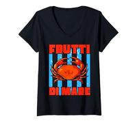 Damen Vintage Frutti Di Mare Red Crab Meeresfrüchte Liebhaber Italienisch T-Shirt mit V-Ausschnitt