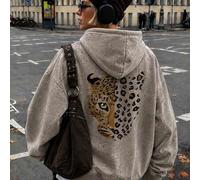 Damen Vintage gewaschener Grafik-Hoodie, schweres mit Fleece gefüttertes Oversize-Pullover-Sweatshirt, Leopardenmuster Streetwear, Herbst-Winter-Kleid