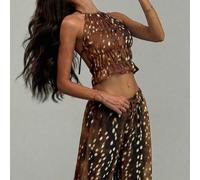 Damen Vintage Hirsch Polka Punkt Muster Neckholder Rückenfrei Top und High Waist gerade Bein Hose Set, 2-teiliges Outfit geeignet für Ausgehen, Dates,