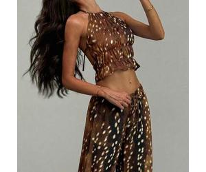 Damen Vintage Hirsch Polka Punkt Muster Neckholder Rückenfrei Top und High Waist gerade Bein Hose Set, 2-teiliges Outfit geeignet für Ausgehen, Dates,