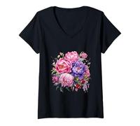 Damen Vintage-inspirierte Blume, botanisches Diagramm, Naturaliste T-Shirt mit V-Ausschnitt