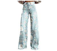 Damen Vintage Jeans mit weitem Bein, modische, hoch taillierte, lässige Jeanshose im 90er-Jahre-Stil mit Blumenmuster Männer Jeanshosen Mit Seitentaschen (Light Blue, S)