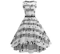 Damen Vintage Kleider 1950er Jahre Musiknote Ärmellos Hohe Taille Swing Kleid Slim A Linie Abendkleid Cocktailkleid, A White, L