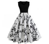 Damen Vintage Kleider 1950er Jahre Musiknote Ärmellos Hohe Taille Swing Kleid Slim A Linie Abendkleid Cocktailkleid, B Black, M