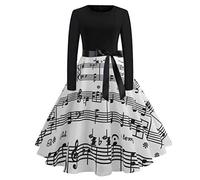 Damen Vintage Kleider 1950er Jahre Musiknote Ärmellos Hohe Taille Swing Kleid Slim A Linie Abendkleid Cocktailkleid, C Black, XXL