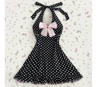 Damen Vintage Lässig Modisch Vielseitig Outdoor Mesh Polka Punkt Muster Rosa Schleife Dekor Doppel Volant Splice Taillengürtel Schleife Mini Kleid, So