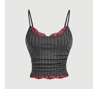 Damen Vintage Lässig Pendler Textur Stoff Kontrast Spitze Slim Crop Camisole Top für den Sommer