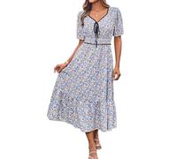 Damen Vintage Midi Blumenkleid Kurzarm V-Ausschnitt Sommerkleid A Linien Hochzeitsgast Kleid Blau-Orange Blumen XXL