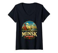 Damen Vintage Minsk Belarus Reise Souvenir Wahrzeichen Geschenk T-Shirt mit V-Ausschnitt