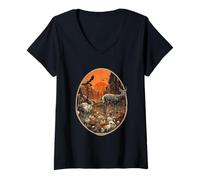 Damen Vintage Natur Illustration Hirsch Kaninchen Eule Wald T-Shirt mit V-Ausschnitt