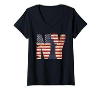 Damen Vintage New York City with USA Flag Tee Shirt, New York City T-Shirt mit V-Ausschnitt