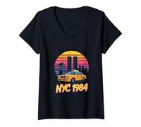 Damen Vintage NYC 1984 Yellow Cab Twin Towers Skyline T-Shirt mit V-Ausschnitt
