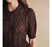 Damen Vintage Polo-Kragen Cut Out Blumen Puffärmel Stricktop, Sommer