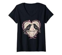 Damen Vintage Rabe Gothic Herz Dornen Rosen Dark Romance T-Shirt mit V-Ausschnitt