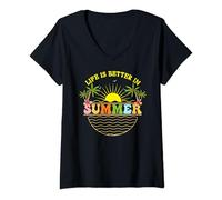 Damen Vintage Retro Surfing Beach Sunset Life is better in summer T-Shirt mit V-Ausschnitt