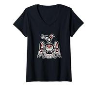 Damen Vintage Rot Schwarz Haida Kaigani Thunderbird Native T-Shirt mit V-Ausschnitt