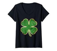 Damen Vintage St Patricks Day Grün Vierblättriges Kleeblatt Damen Herren Kind T-Shirt mit V-Ausschnitt