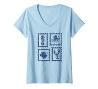 Damen Vintage Stempel Ocean Life Linolschnitt Seepferdchen Octopus T-Shirt mit V-Ausschnitt