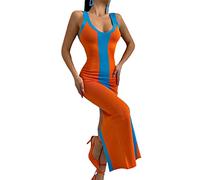 Damen Vintage Strick Split Patchwork Maxikleid ärmellos gestrickt Bodycon Langes Kleid Y2k V Hals Kontrast Farbe Sling Kleid (Orange, L)