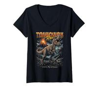 Damen Vintage T-Rex Volcano 90er Bootleg Dinosaurier prähistorischer Trex T-Shirt mit V-Ausschnitt