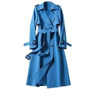 Damen Vintage Trenchcoat Parker Klassische Zweireihige Jacke Elegant Einfarbig Ärmel Revers mit Gürtel Slim Fit Overcoat Outwear, blau, 38