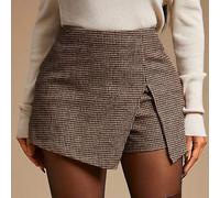 Damen Vintage Unique Braun Hahnentritt Wolle Stoff Hoher Bund Shorts/Mini Rock, Skort, Maillard Farbe, Business-Casual Unterteil geeignet für Lässig,