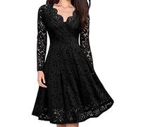 Damen Vintage V-Ausschnitt Spitze Cocktail Abend Party Kleid Langarm Swing Dress