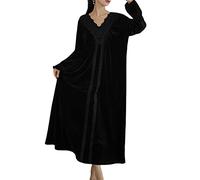 Damen Vintage Viktorianische Goldenem Samt Nachthemd Langarm Nachtkleid Schlafanzug Herbst Winter V-Ausschnitt Langes Kleid Warme Pyjamas Palaststil Schlafhemd Spitzendekoration Nachtwäsche Schwarz XL