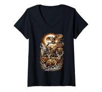 Damen Vintage Waldtiere Wolf Bär Elch Hirsch Eule Natur T-Shirt mit V-Ausschnitt