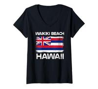 Damen Waikiki Beach Hawaii Honolulu Oahu Hawaii-Flaggen-Design T-Shirt mit V-Ausschnitt