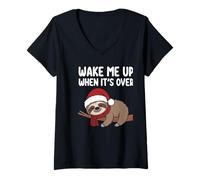 Damen Wake me up When It's Over, Cute Sloth Christmas sarkastic T-Shirt mit V-Ausschnitt