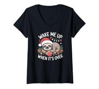 Damen Wake me up When It's Over, Cute Sloth Christmas sarkastic T-Shirt mit V-Ausschnitt