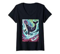 Damen Wal Wellen Meer Aquatic Ocean Animal T-Shirt mit V-Ausschnitt