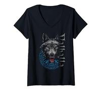 Damen Walhalla Wolf Wölfe Odins Runen Nordischer Kompass Wikinger T-Shirt mit V-Ausschnitt