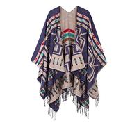 Damen Warm Schals Wraps Open Front Cardigan Vintage Muster Poncho Cape Pullover Mantel, 1 Marineblau