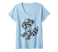 Damen Waschbär Cowboyhut Niedlich Cowgirl Jungen Mädchen Kinder Frauen Männer T-Shirt mit V-Ausschnitt