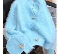 Damen weiche Faux-Kaschmir-Strickjacke mit Schmetterlings-Knopf, einfarbige Vorderseite mit geripptem Strick und Knopfverschluss