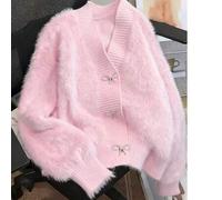 Damen Weicher Faux-Kaschmir Cardigan mit Schmetterlings-Knopf, einfarbiger Rippstrick Strickjacke mit Knöpfen vorne in Pink