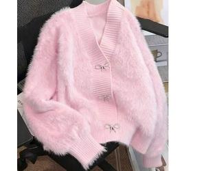 Damen Weicher Faux-Kaschmir Cardigan mit Schmetterlings-Knopf, einfarbiger Rippstrick Strickjacke mit Knöpfen vorne in Pink