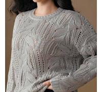 Damen Weihnachts- und Neujahrskostüm, locker geschnittener Strickpullover mit rundem Ausschnitt, metallisch silberner Verzierung, Hohlmuster, Große Gr