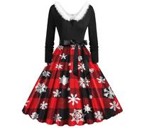 Damen Weihnachtskleid Kleid Weihnachten Festlich Elegant V Ausschnitt Petticoat Kleid Langarm a Linie Rockabilly Kleider mit Weihnachtsmotiv Xmas Dress Weihnachtskleider Silvester Weihnachtsoutfit