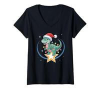 Damen Weihnachtsmütze, Dinosaurier, Weltraum-Spaß, T-Rex-Lichter für Kinder T-Shirt mit V-Ausschnitt